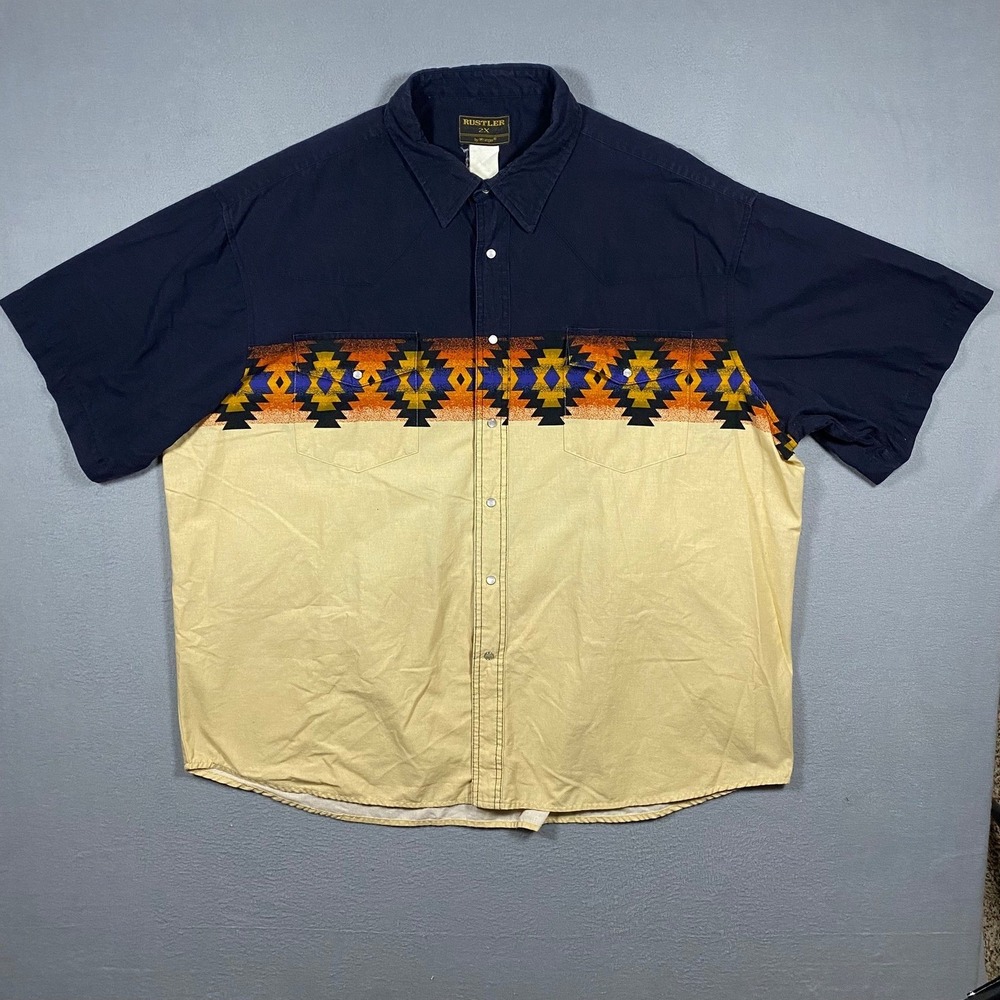 Rustler by Wrangler Mens 2XL Western Pearl Snap Shirt Southwestern Navy Tan